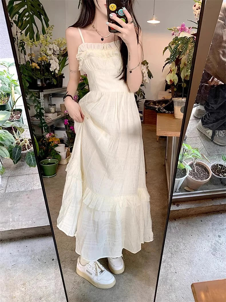Summer Sweet Style Women's Dress Strapless Waist Cinched Slimming Design Fairy Tale Long Skirt with Wood Grain