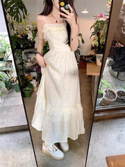 Summer Sweet Style Women's Dress Strapless Waist Cinched Slimming Design Fairy Tale Long Skirt with Wood Grain
