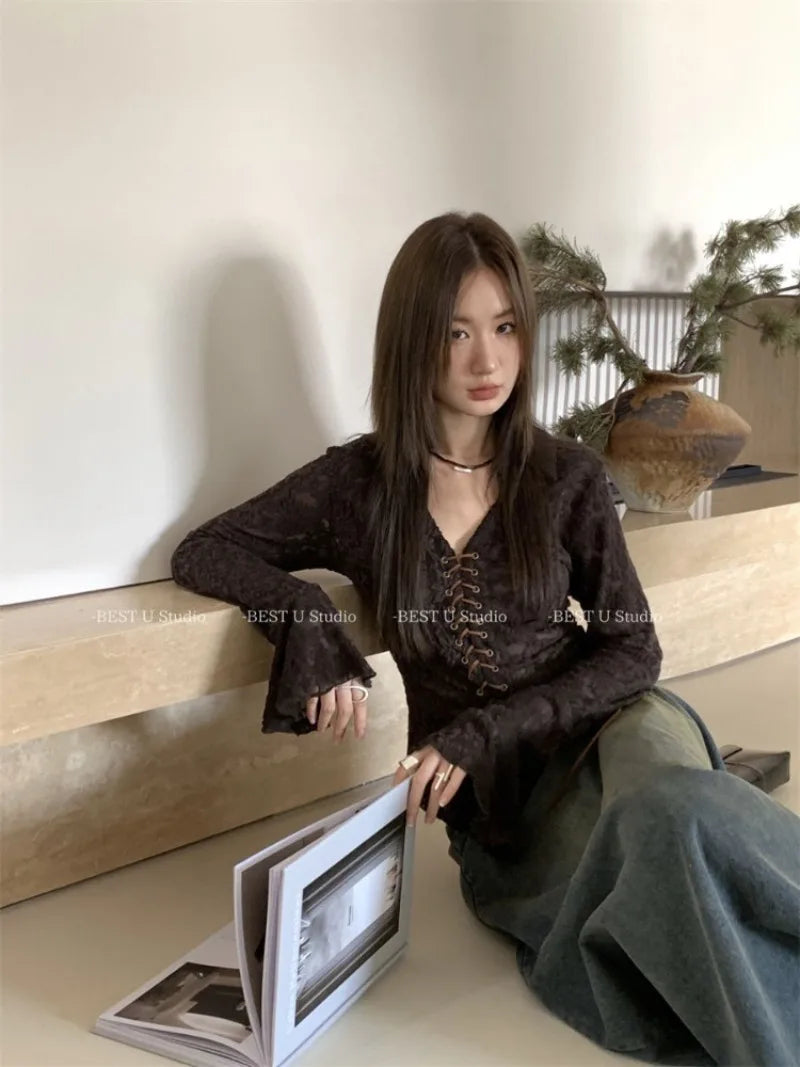 Hnewly  Hollow Out Mesh V-neck Lace Up Shirts Women Y2k E-Girl Slim Fit Long Sleeve Blouses Spring New Black Blusas De Mujer