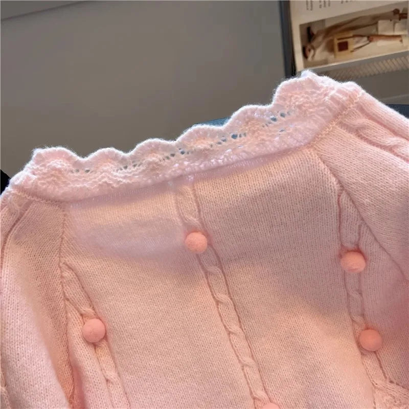 Hnewly  Korean Sweater Cardigan Women's Spring Autumn 2025 Versatile Soft Knitted Jacket Elegant Lace Single Breasted Long Sleeved Top