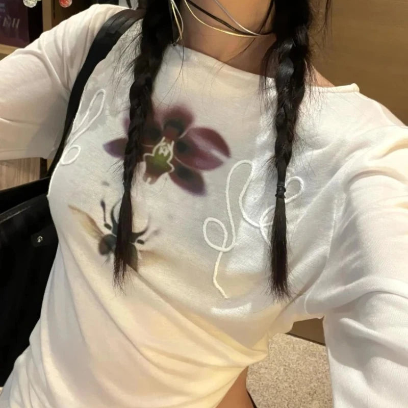 Hnewly  Y2k Printed Off Shoulder T-shirt Sweet Transparent White Long Sleeve T-Shirts Korean Fashion Casual Loose Tops Slim Up