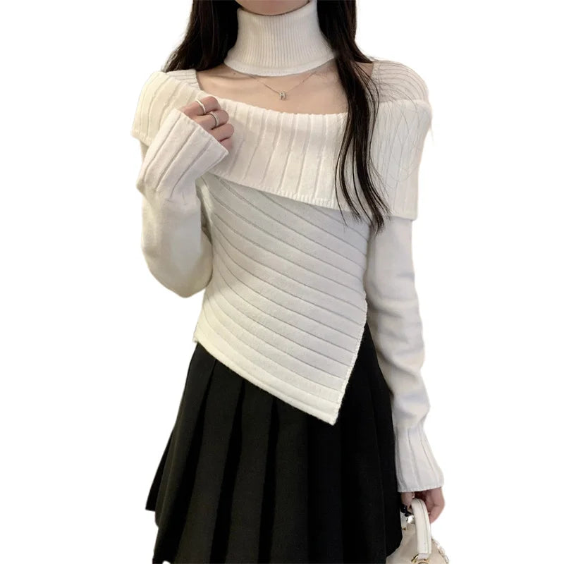 Hnewly Sweater y2k Clothes Women Coquette Off Shoulder Long Sleeve Irregular Hem Knitted Halter Tops 2000s Clothing Streetwear