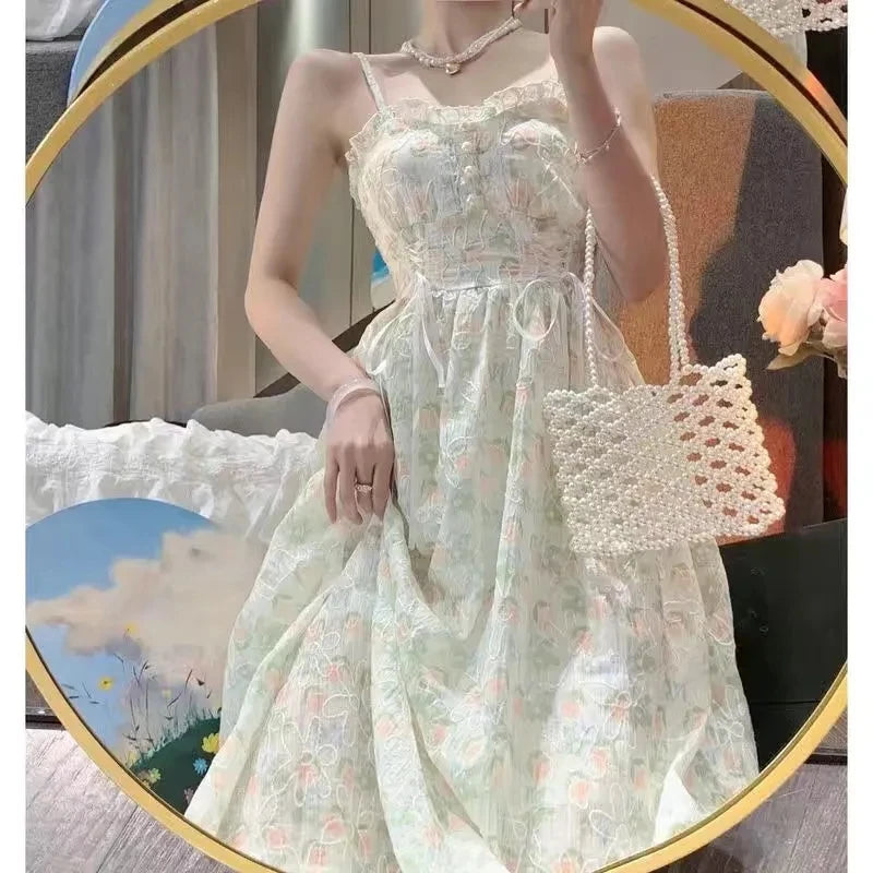 Hnewly  Women Vintage Franch Style Female Strapless Party Dress ruffle Holiday Lady Boho Vestido Summer Print Floral sleeveless Dress
