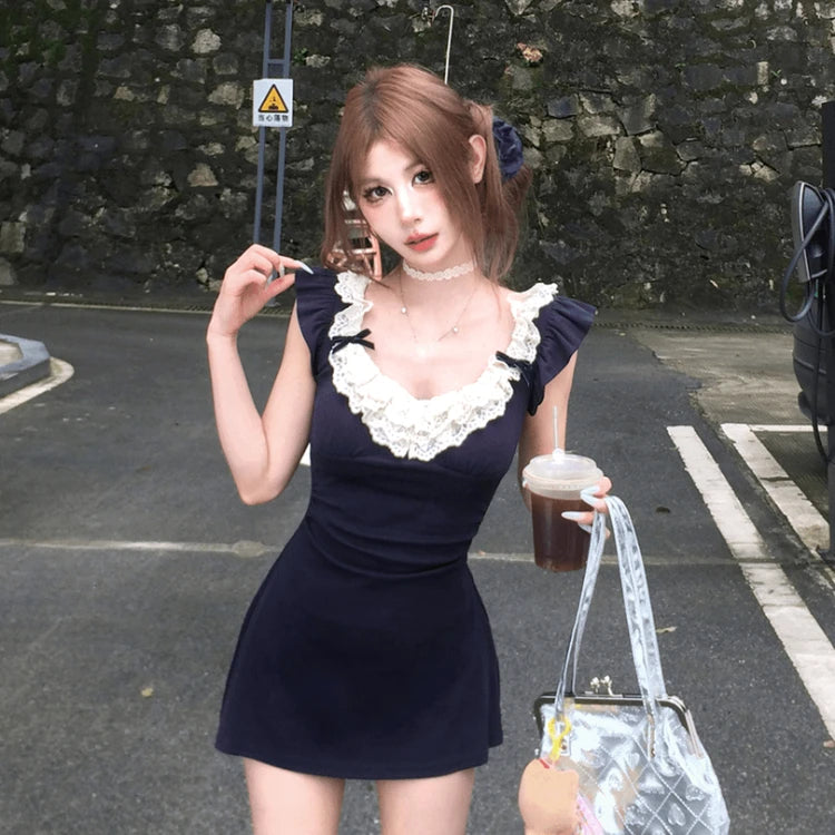 Hnewly 2000s Vintage Lace Patchwork Mini Dress Women Sexy Bow Lace-up Sleeveless Dress One Piece Korean Fashion Clothing Summer 2024
