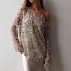 Hnewly  Women's Sequined Perspective Slanted Collar Sparkly Cover-up Leisure Tops Elegant Sexy Hollow Off-shoulder Loose Pullovers