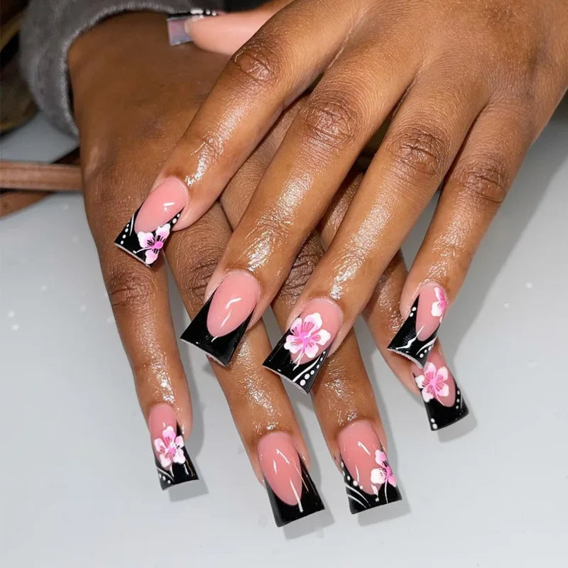 Hnewly Black French Style Fake Nails Charms Pink Flower Designs Square Head Press on Nails Women Girls Detachable False Nails Tips
