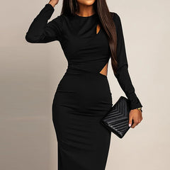 Hnewly  Office Ladies O-neck Long Sleeved Spring Dress Simple Elegant Temperament Elegant Banquet Dress New Fashion Street Long Dresses