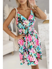 Hnewly  New Fashion Women's  Summer Wrap Pleated Dresses Ladies Floral Print Sexy Spaghetti Strap Sling DressBeach Dress A Line Sundress