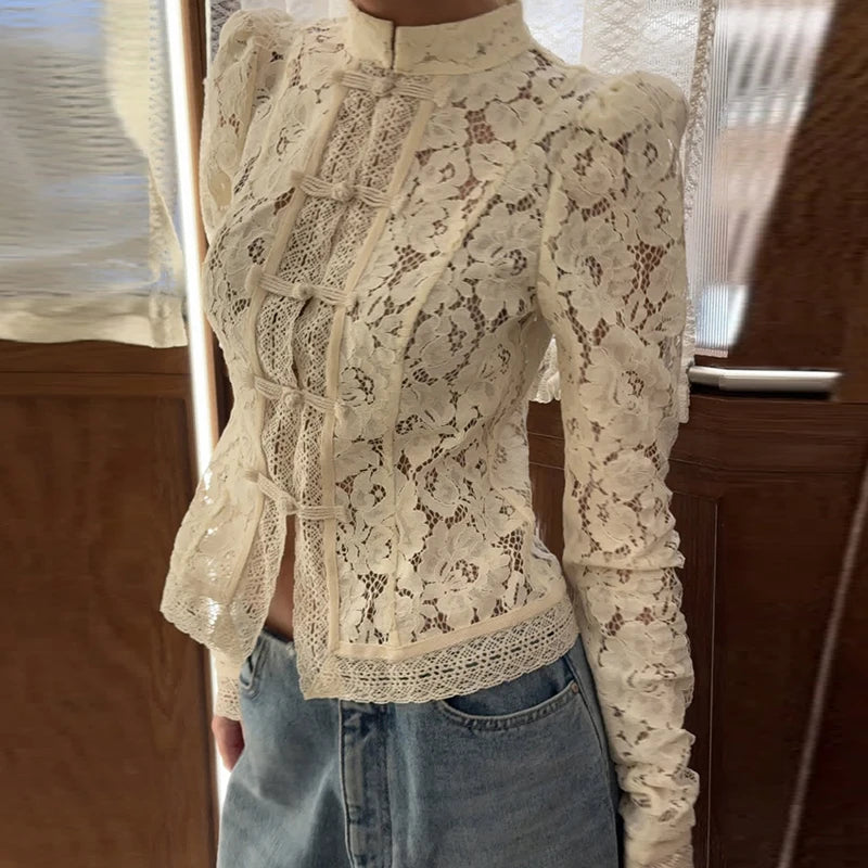 Hnewly  Ladies Stand Collar Jacquard Date Top Spring Autumn Long Sleeves Lace Embroidery Blouses Sexy Bodycon Perspective Design Shirts