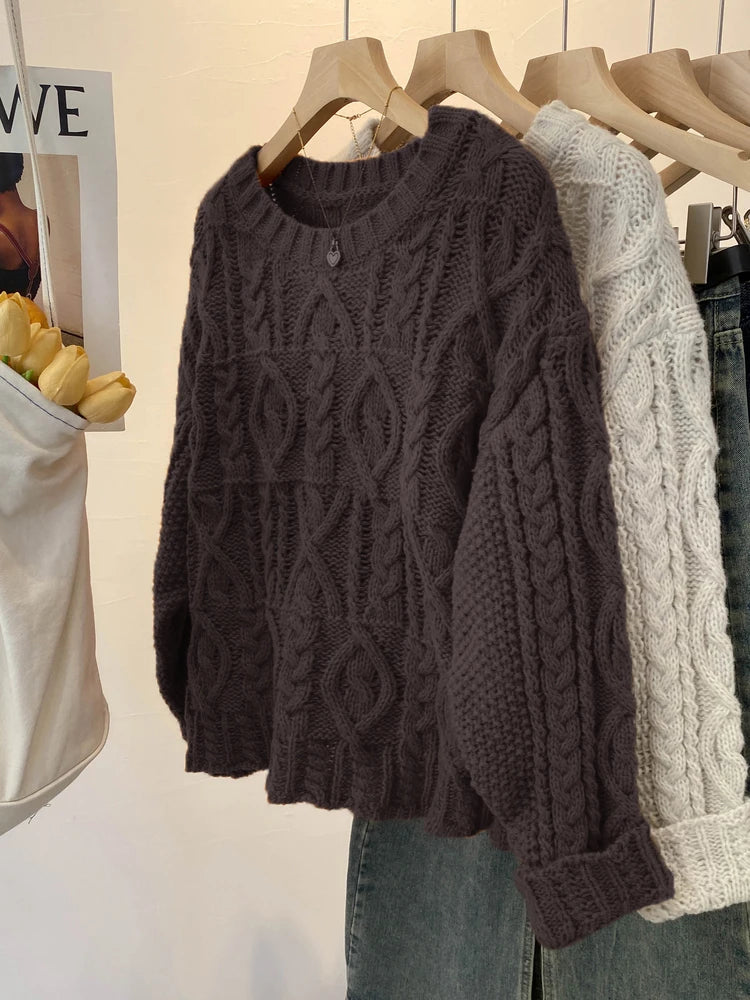 Hnewly  Chunky Knit Oversized Sweater Pullovers Women Loose Cable-knit Crewneck Sweater Jumper Teen-girl Granpa Style Y2K Outfit