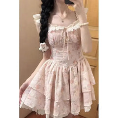 Hnewly  Fairy Skirt Dress Summer Waist Cinched Short Bouncy Sleeve Strapless Polyester Korean Style Commute A-Line Dress