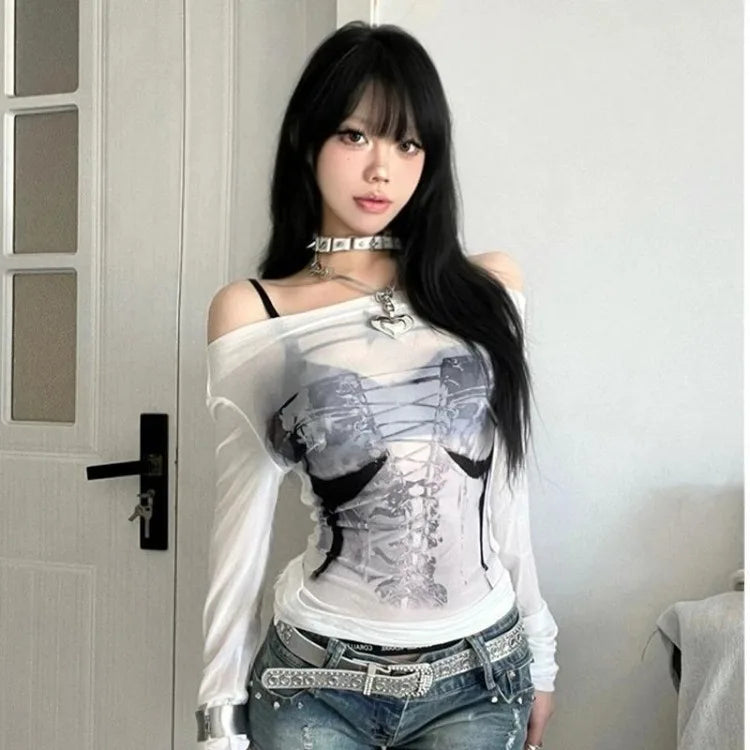Hnewly  White American Retro Print T-shirt for Women Mesh Long Sleeve Sun Protection Tops Sexy Off Shoulder Slim Fit Tee Shirt
