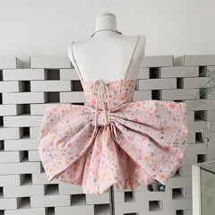 Hnewly  Girls' Floral Print Fishbone Bub Dress Spaghetti Strap Birthday Dress Sleeveless Short Dresses with Shorts Bow Vestidos Mujer