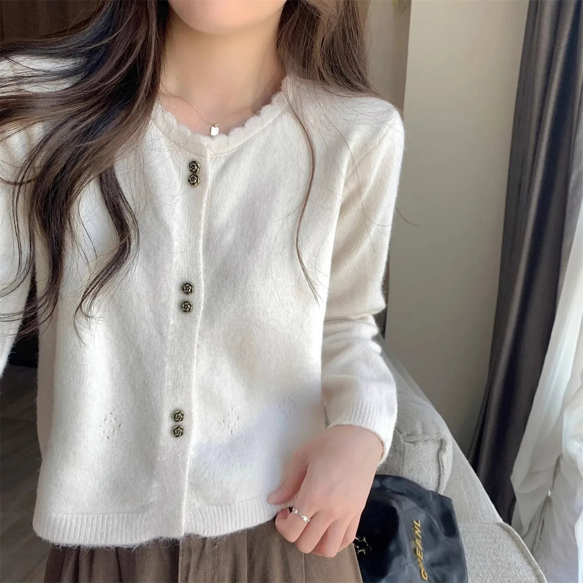 Hnewly  Sweet Short Hollowed Out Sweater Chic Buttons Long Sleeved Knitted  Cardigan Jacket Korean series Round Neck Loose Top
