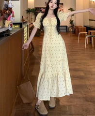 Hnewly  Women Dresses Floral Printed Puff Short Sleeve Bandage Summer Fashion Ruffles Square Collar Sweet Elegant Dress Female