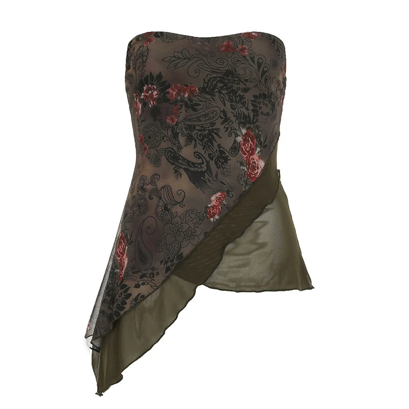 Hnewly Asymmetrical Mesh Print Tube Tops Vintage 2000s Floral Print Skinny A-line Cropped Tops for Women Summer Streetwear Retro