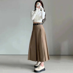 Hnewly  Womens Fashion High-Waisted Pleated Skirts Solid Color Versatile Large Swing Maxi Skirt Preppy Style A-Line Mid-Length Skirts