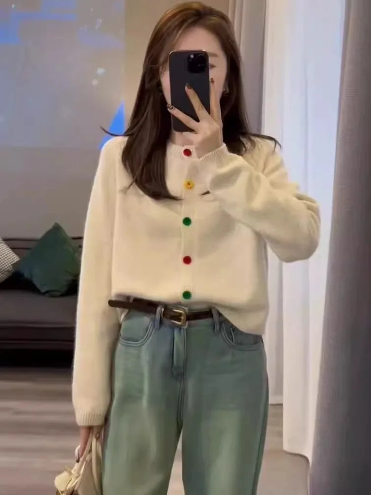 Hnewly  Rainbow Single Breasted Sweater O-neck Knitted Cardigan Korean Sweet Spring  Autumn New Lazy Style Long Sleeve Pink coat