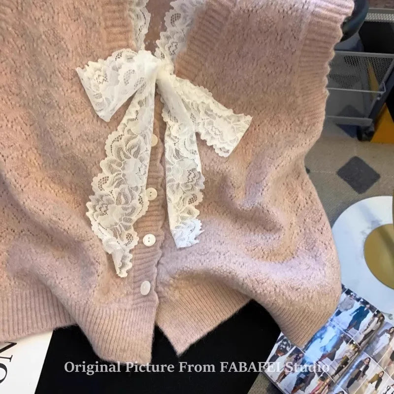 Hnewly  Elegant Lace Bow Sweater Vest Women's 2025 New Spring Autumn Sleeveless V-neck Knitted Pullover Korean Version Versatile Top