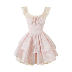 Hnewly  French Style Women's Dress Flying Sleeve Summer Patchwork Lace Short Dress Princess Ball Gown Girl Party Dress