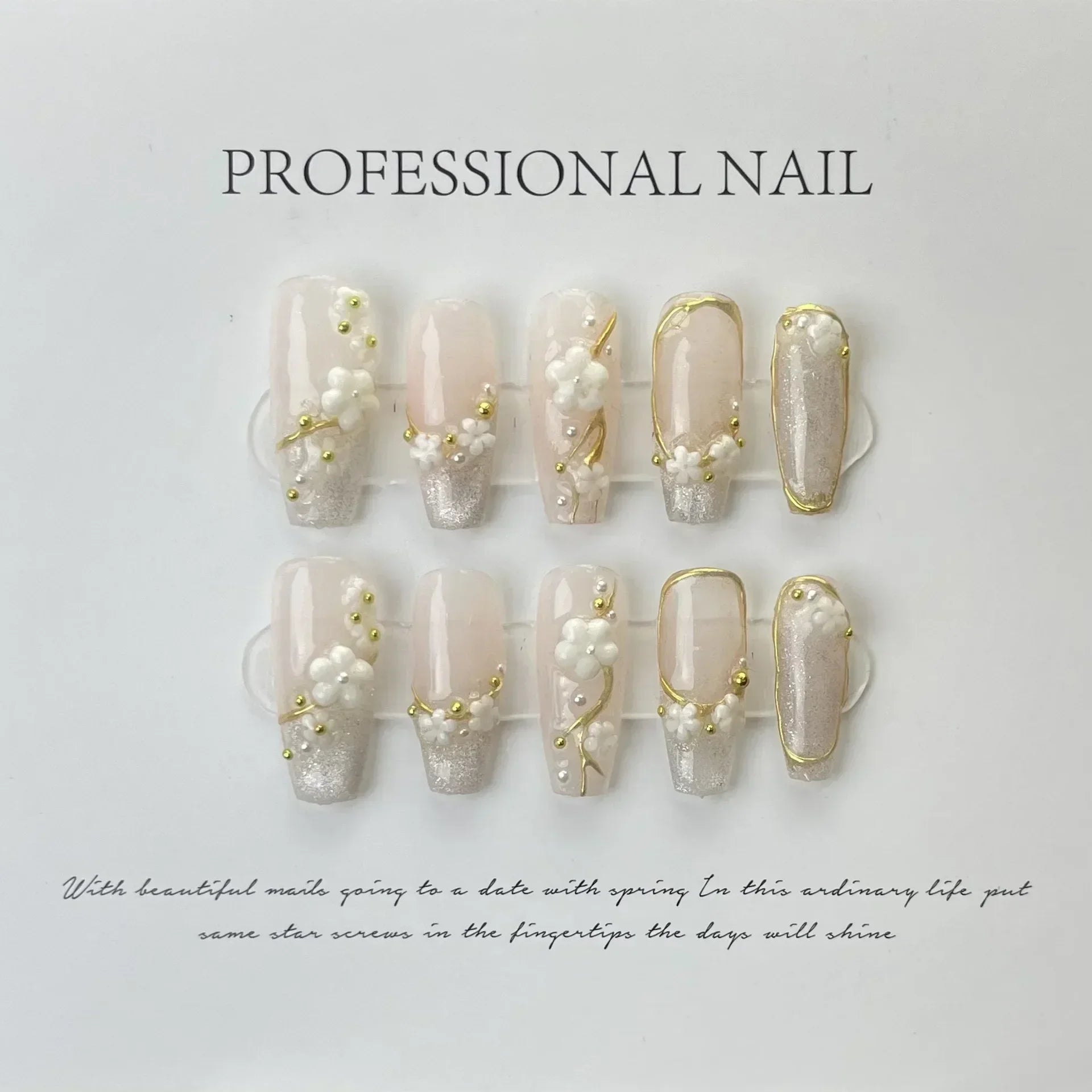 Hnewly 10Pcs Handmade  French Nails Set Press On  Flower Diamond Decoration Fake Nails Full Cover Removable Manicuree  XS S M L Size