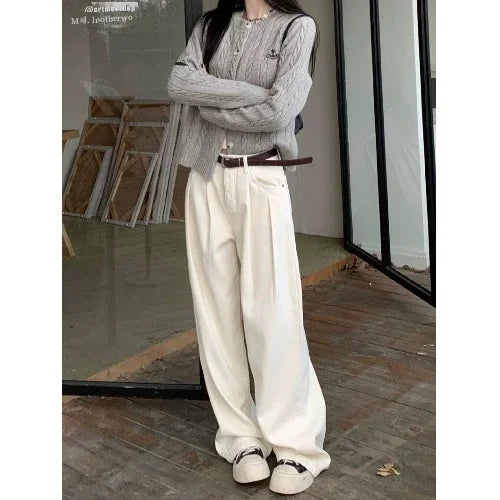 Hnewly  Early Baggy Retro Jean Woman Nostalgic Loose Wide Leg Jeans White Pants Women Fashion Korean Pantalones De Mujer