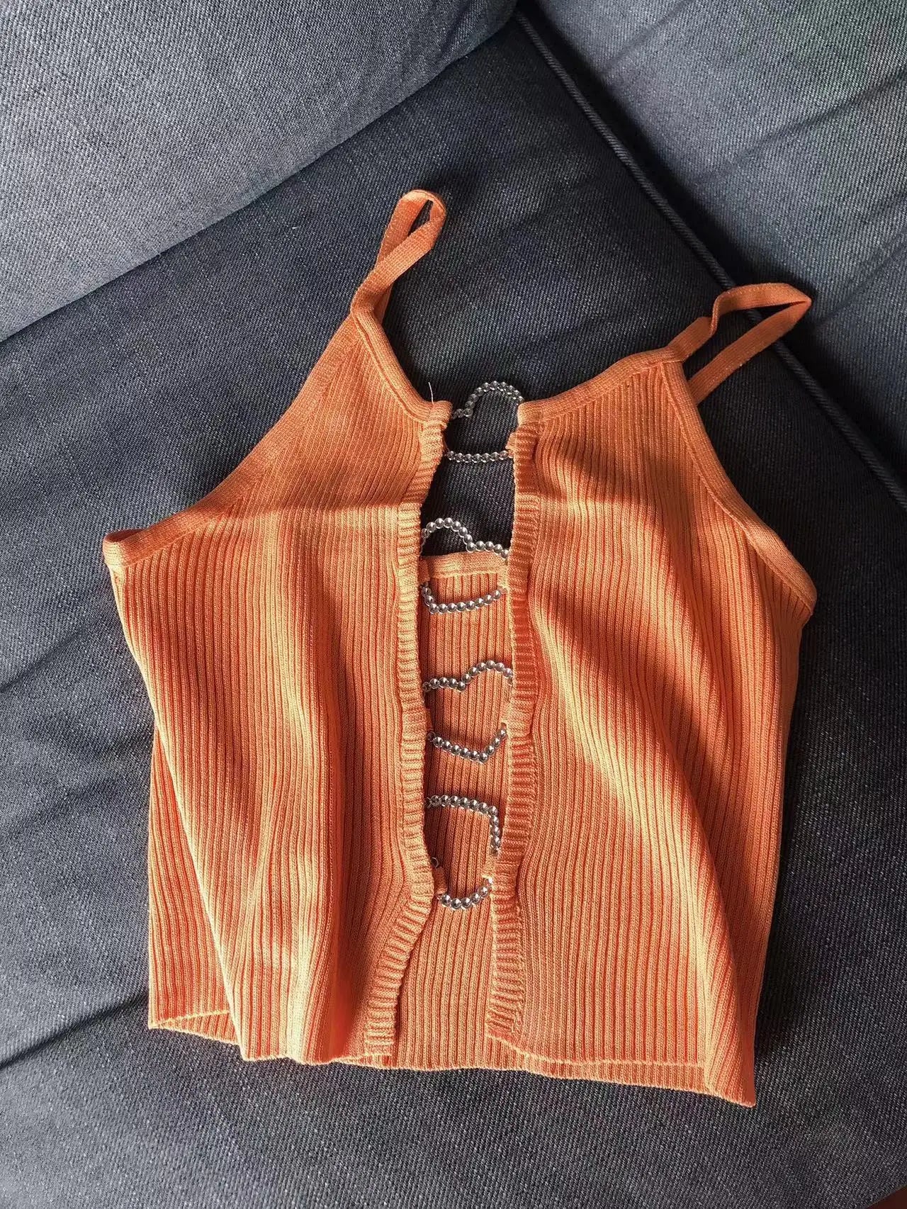 Hnewly summer inspo New Sexy Solid Ribbed Crop Sleeveless Top - Back Heart Decor Cami Top for Women Perfect for Spring & Summer