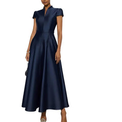 Hnewly  Elegant Pure Color Knitted Satin Short Sleeve Waist Cinched Maxi Dress Stylish Commute Dress for Banquet V-Neckline Bodycon