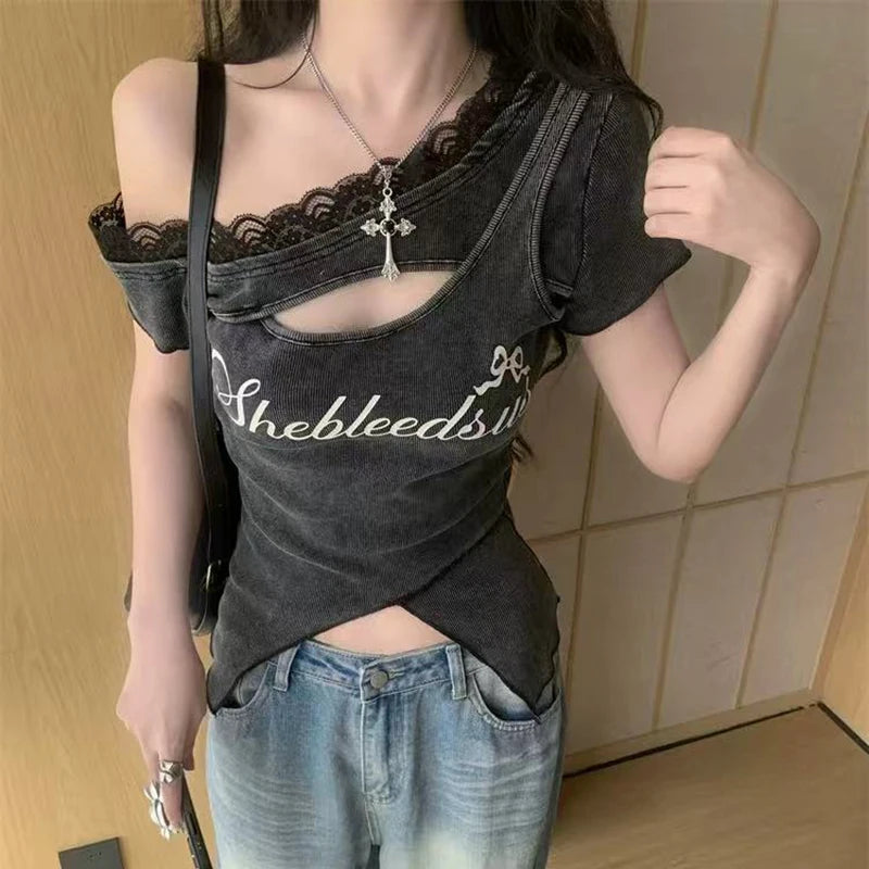 Hnewly Korean Chic Letter Print Women T Shirt Y2K Sexy Hot Girl Hollow Out Slim Crop Tops Summer Lace Patchwork Casual Tees Female