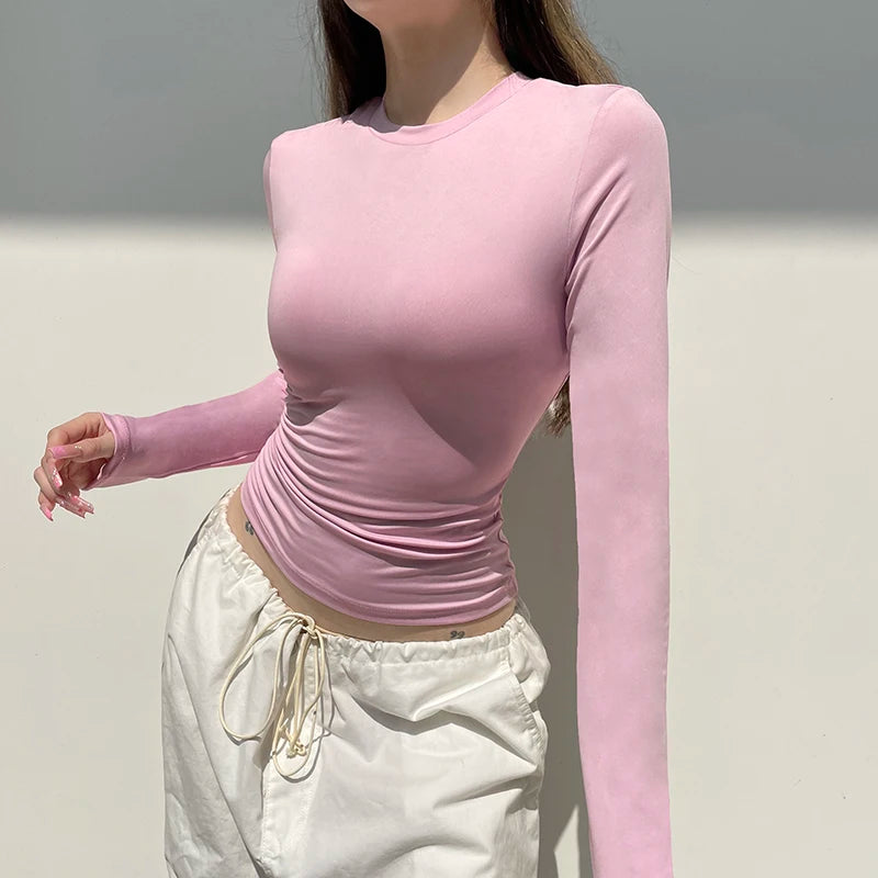 Hnewly Solid Basic Skinny T-shirt Casual Slim-fitting Crewneck Cropped Top Women Full Sleeve Cute Coquette Pink Tee y2k Vintage