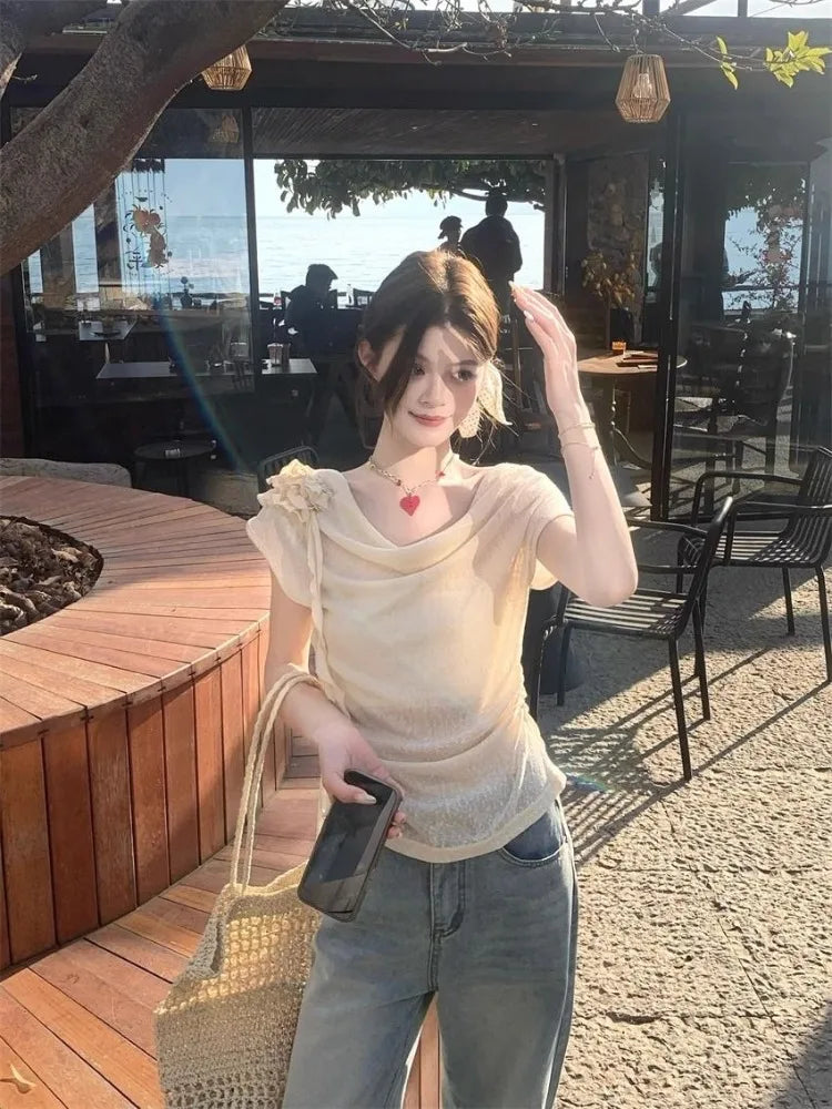 Hnewly  Fashion T Shirts Women Flowers Swinging Collar Short Sleeve Summer Fashion Sweet Elegant Tops Female Casual Tshirt