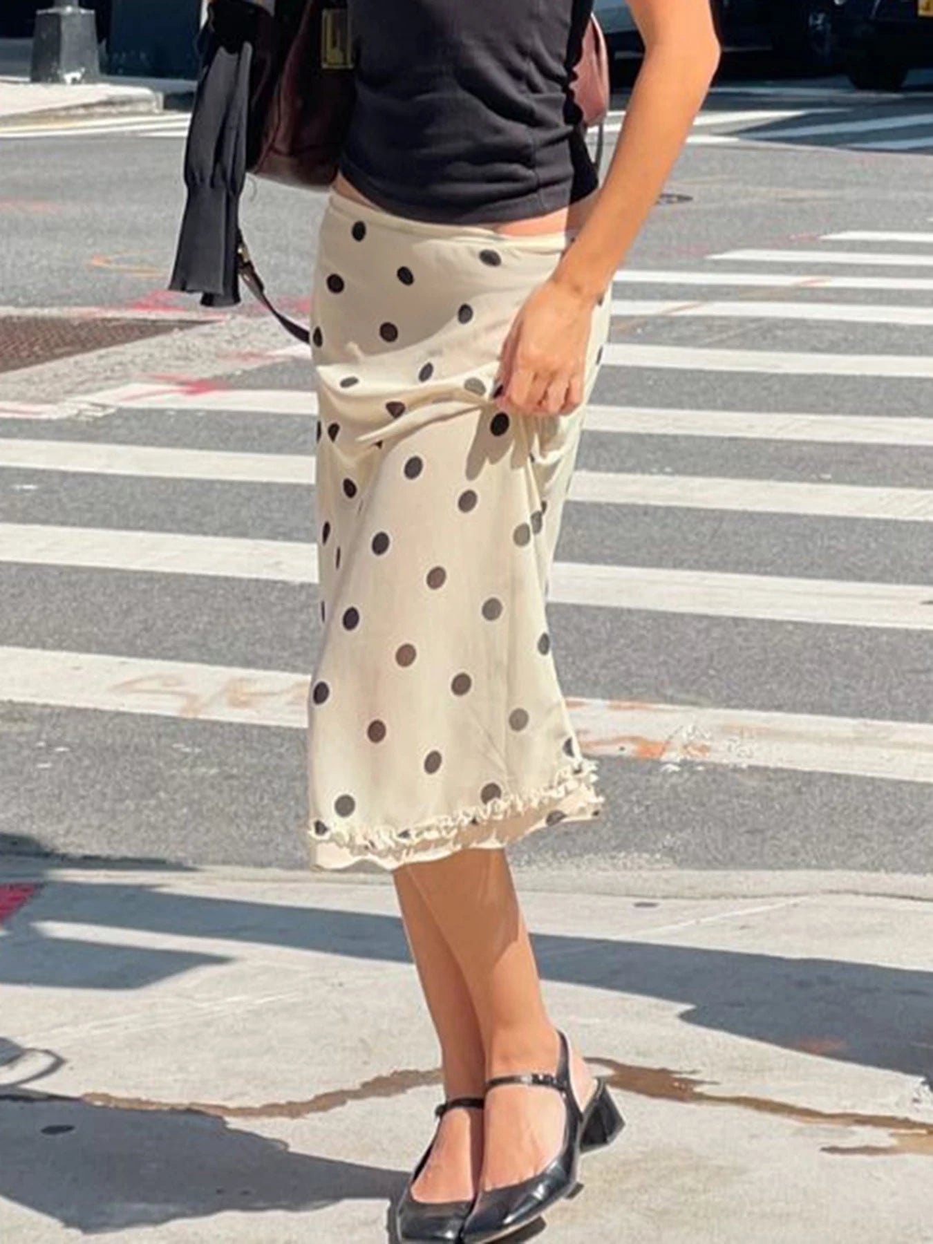Hnewly  Elegant Ladies Polka Dot Midi Skirts Kawaii Ruched Stitching Straight Skirts for Women Summer Streetwear Casual Clothing