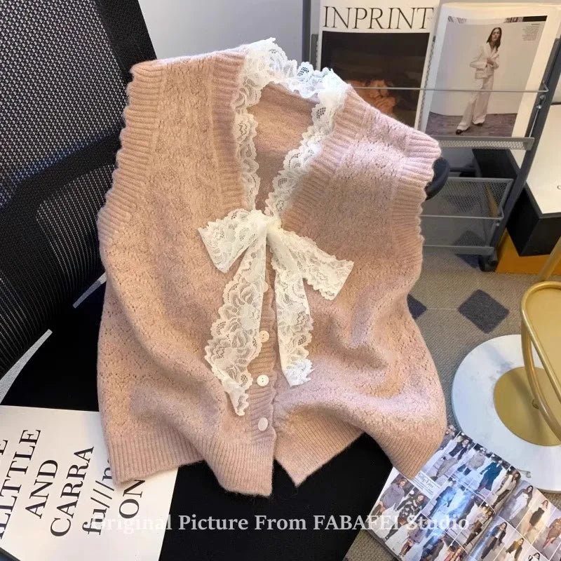 Hnewly  Elegant Lace Bow Sweater Vest Women's 2025 New Spring Autumn Sleeveless V-neck Knitted Pullover Korean Version Versatile Top
