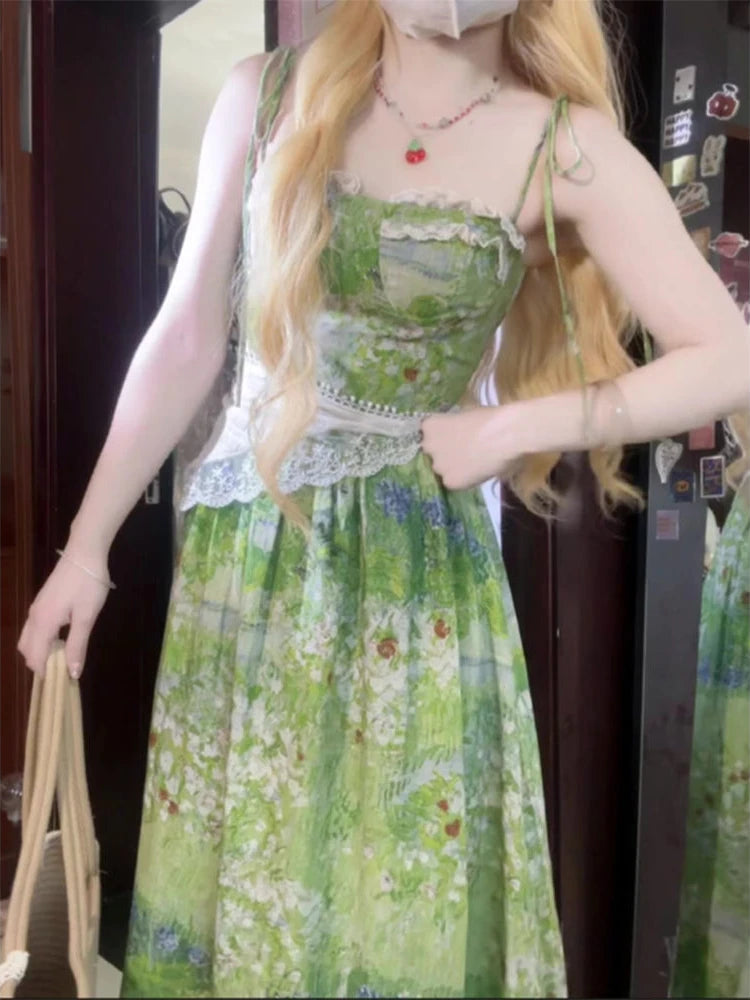 Hnewly French Sweet Floral Print Dress Women Casual Sleeveless Lace Slim Waist Even Party Clothing Korean Fashion Vintage Elegant