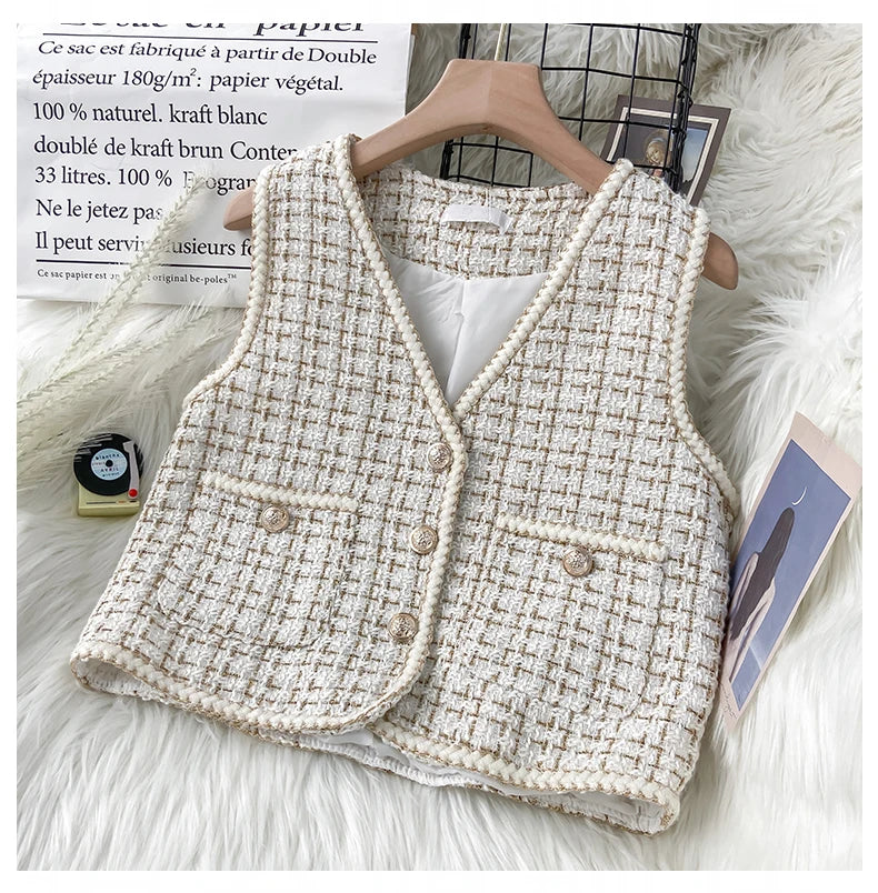 Hnewly  Women New Autumn Tweed Elegant Vintag Vest V-neck Sleeveless Slim Pockets Waistcoat Ladies Fashion Womens Short Small Vest