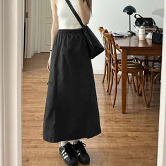 Hnewly  American Retro Cargo Skirt for Women Summer Drawstring Design High Waist Mid-Length Skirt Woman Y2K Streetwear Pocket Skirts