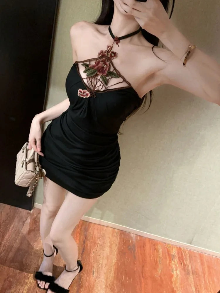 Hnewly  Vintage Sexy Sleeveless Slim Party Dresses Women Embroidery Flowers Halter Backless Clubwear Elegant Mini Dress Vintage