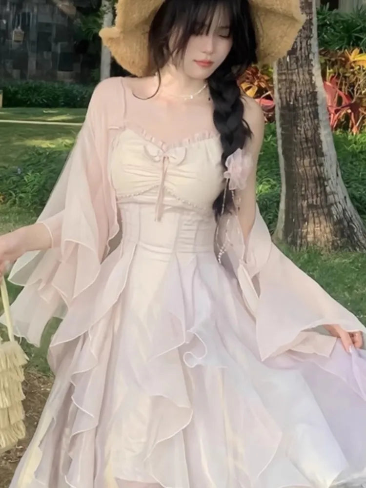 Hnewly Women Trendy Two Ruffle Asymmetrical Fairy Sweet Dresses Sexy V Neck Spaghetti Strap Chic Party Dress Korean Sweet Summer New