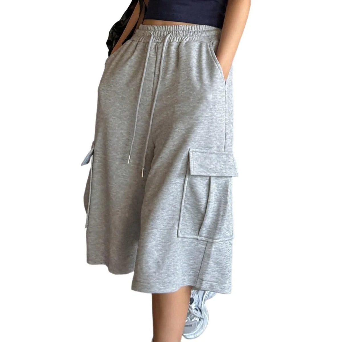 Hnewly  Women's Harajuku Style Baggy New Trendy Gray Color Elastic Waist Pockets Mid-length Pants Fashion Streetwear Versatile Trousers