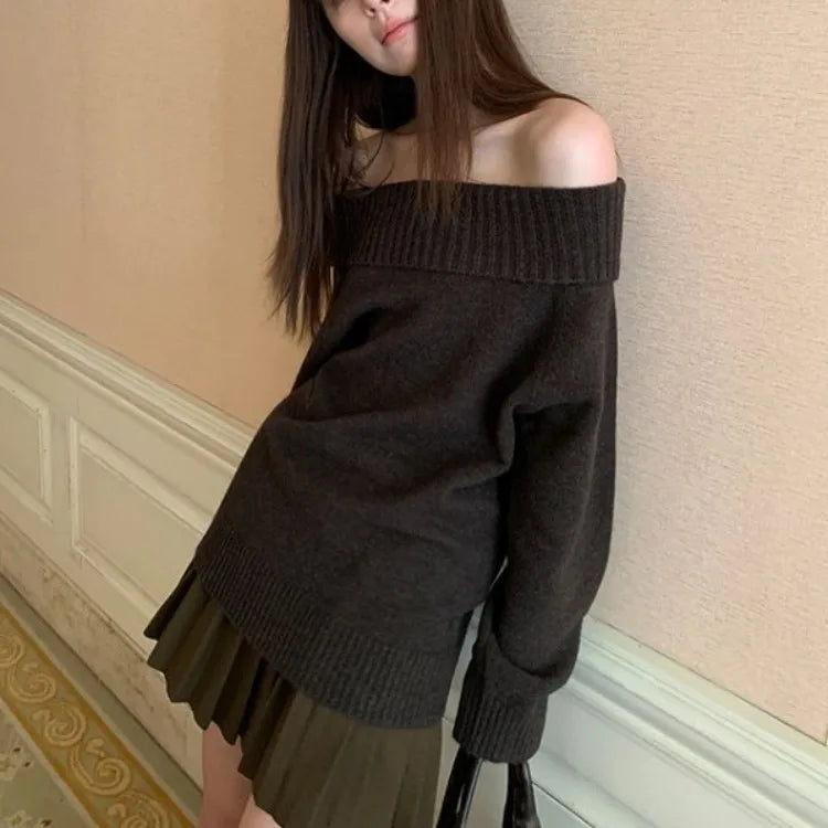Hnewly Y2k Vintage Off Shoulder Knit Sweater Women Autumn Korean Fashion Aesthetic Harajuku Jumper Gyaru Sexy Pullover Loose