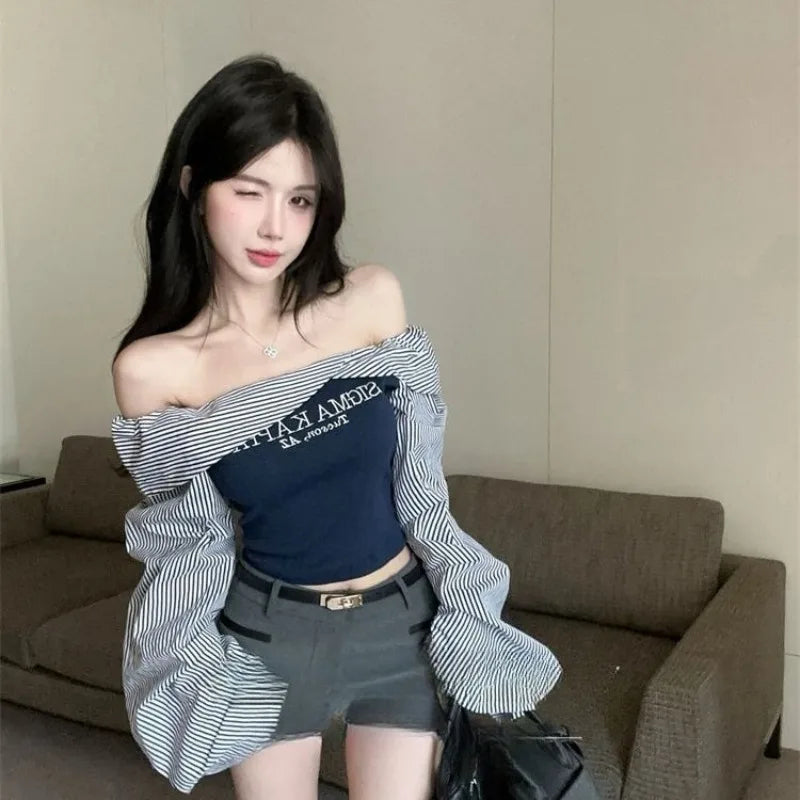 Hnewly  American Retro Striped Slim Fit Shirts Women Y2k Off Shoulder Long Sleeved Blouses Korean Fashion Letter Print Tops Mujer