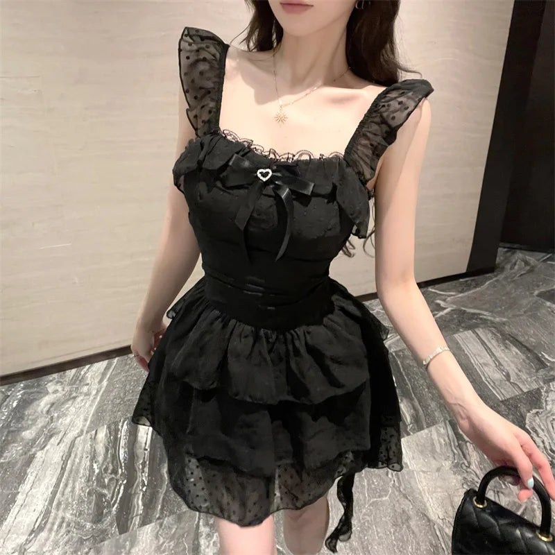 Hnewly  Woman Dress Sexy Irregular Slim Ruffles Patchwork Sleeveless Square Collar Bow Party Mini Dresses Female Fashion