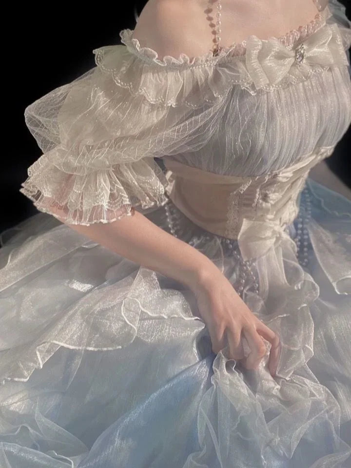 Hnewly French Romantic Style Lolita Op Elegant Girl Cosplay Princess Puff Sleeve Ribbon Bowknot Flower Tunic Mesh Fantastic Fairy Dress