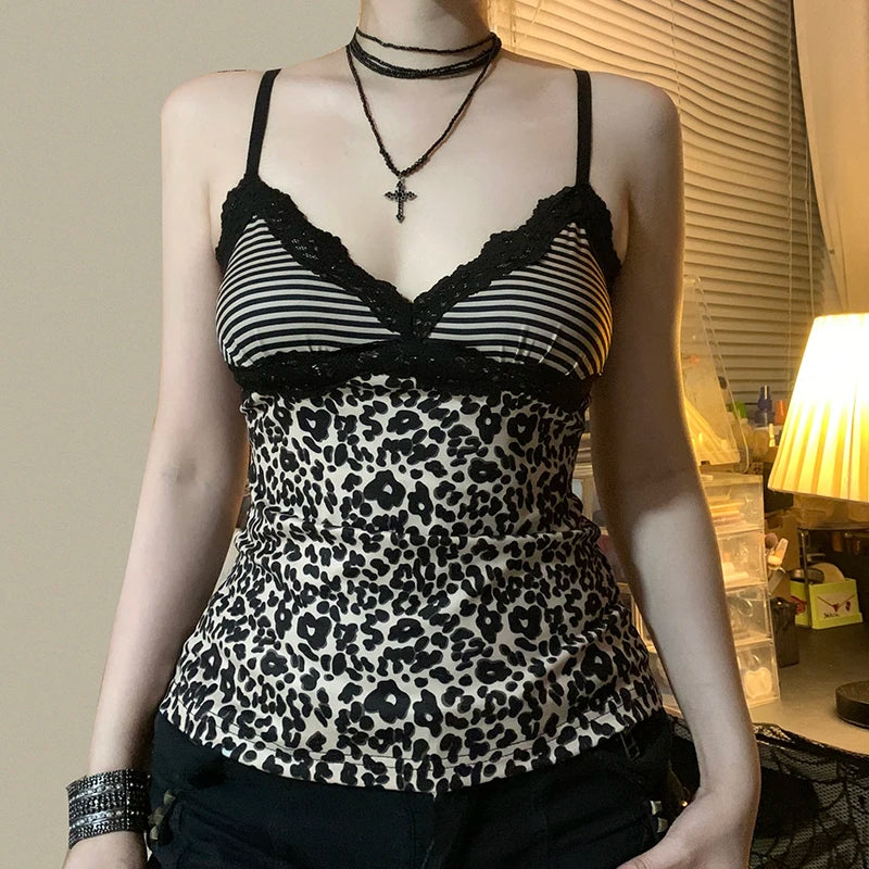 Hnewly Retro Leopard y2k Cropped Top Vintage 2000s Lace Patchwork V Neck Striped Print Spaghetti Strap Tops Harajuku Women Tees