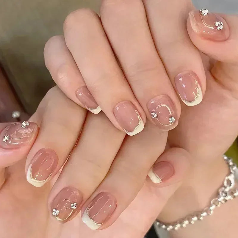 Hnewly 24pcs Detachable Short Press on Nails Y2k rhinestone False Nails with Glue Ballet Sweet Cool Girls Artificial False Nails Tips