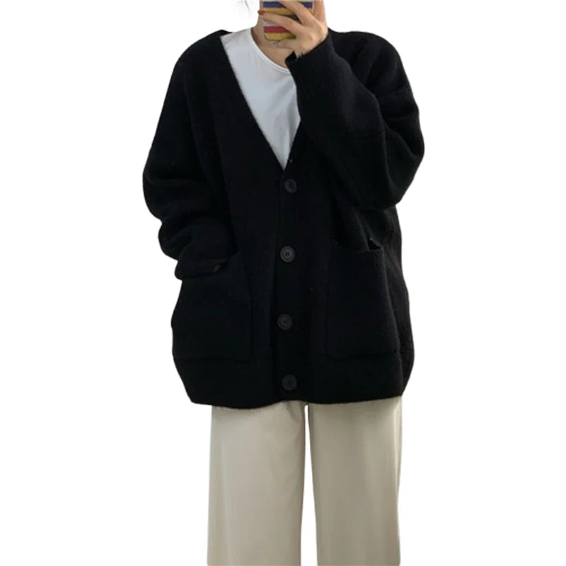 Hnewly Women Cardigan Sweater y2k Clothes Solid Color V Neck Single Breasted Long Sleeve Knitted Tops with Pockets Streetwear