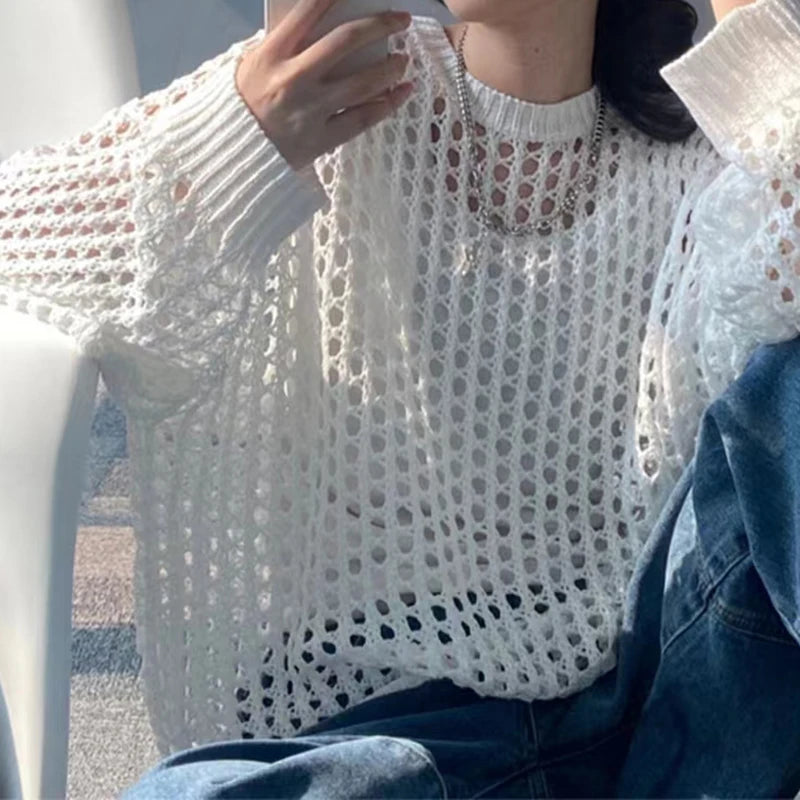 Hnewly  Women Mesh Top Oversized Long Sleeve T-shirts Crew Neck Loose Casual Knit Tees See-Through Openwork Knit Top Women Spring Summer