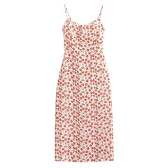 Lunivop  Retro French style Summer Cherry Print Corset Style Midi Sling Dress Sexy Women Spliced Lace V neck Back Slit Long Robe