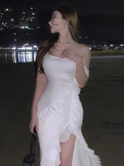 Hnewly  Women Dresses Ruffles Patchwork Irregular Split Square Collar Backless Holiday Temperament Party Dress Female Chic