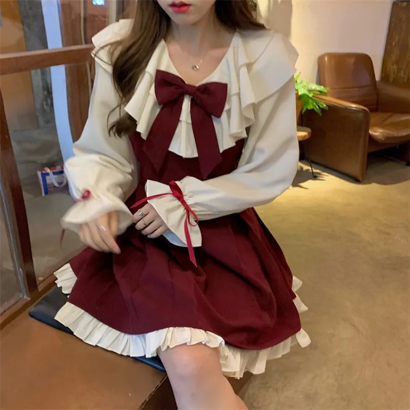 Hnewly Long Sleeve A-line Dress Women Princess Ruffles Bow Contrast Color Age-reducing Autumn Elegant Girlish Attractive Korean Style